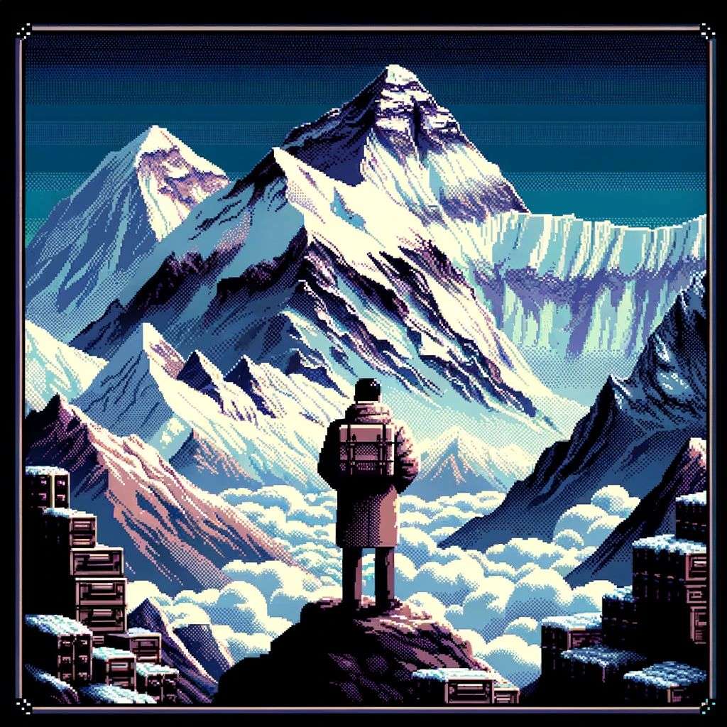 someone gazing at Mount Everest, old computer game graphics